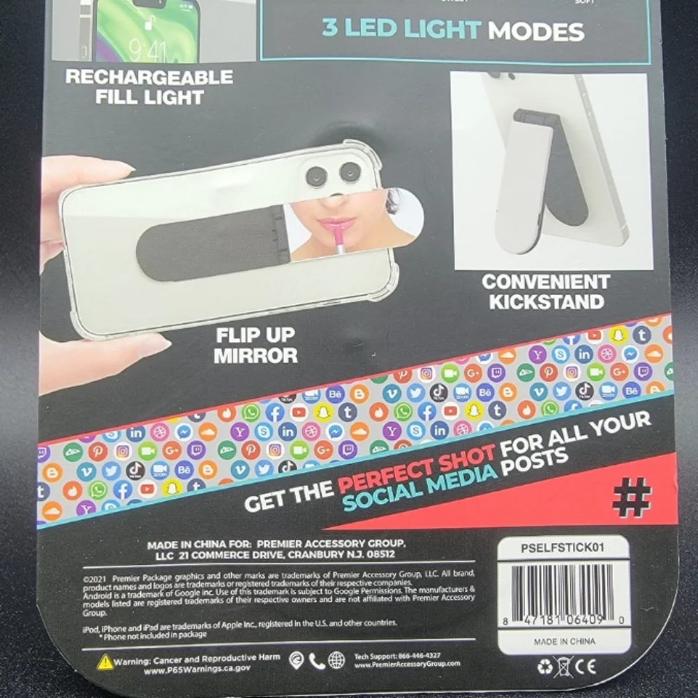 Stick On Selfie Light with Mirror & Kickstand Rechargeable 3 Led Light Modes New